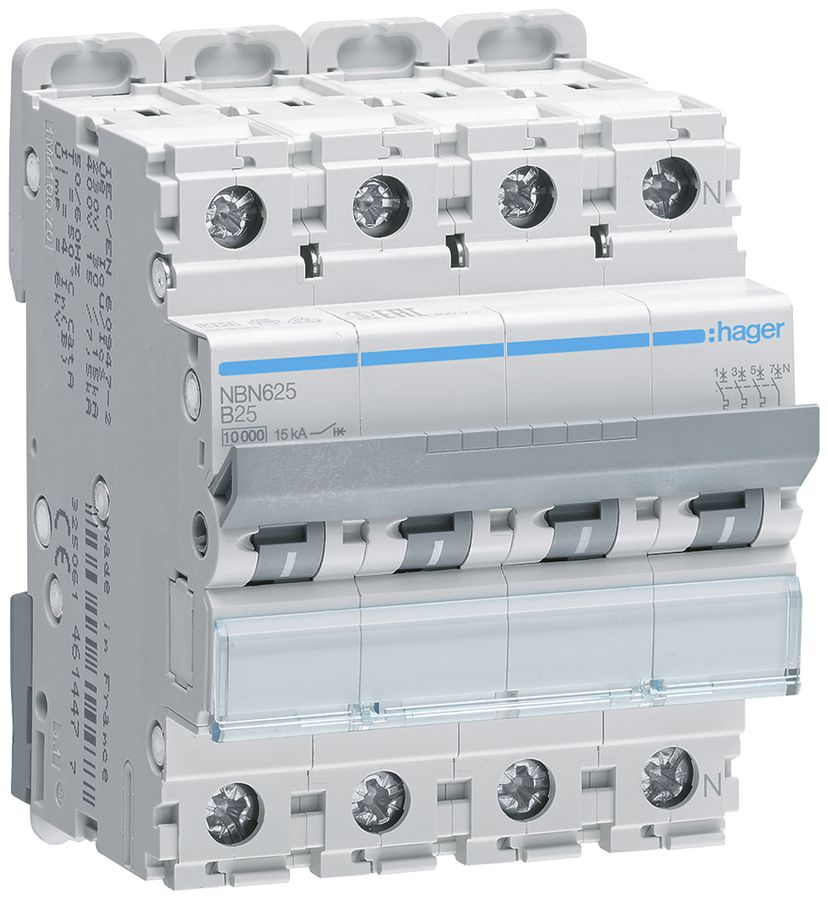 Leitungsschutzschalter Hager MCB 3P+N 415V Typ B 25A Icn 10kA Icu 15kA 4TE