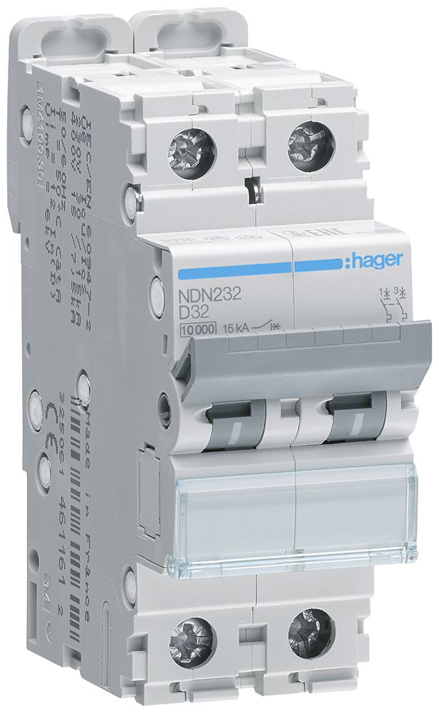 Disgiuntore Hager MCB 2P 415V tipo D 32A Icn 10kA Icu 15kA 2UM