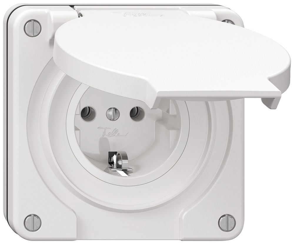 Prise ENC Feller IP21 Schuko 16A 230V 87×87mm blanc