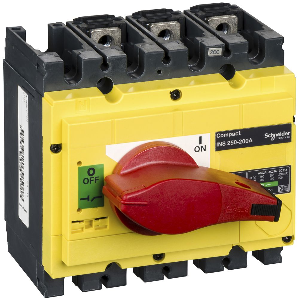Interupteur de charge Schneider INS 3L 200A avec poignée rotative rouge/jaune