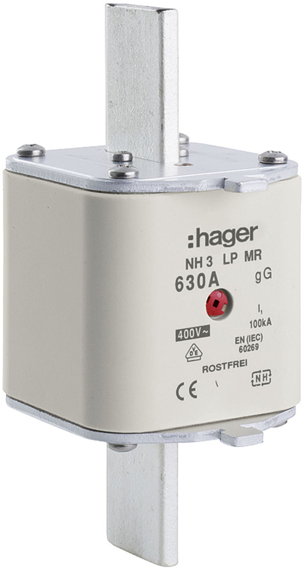 Fusible HPC Hager DIN3 400VAC 630A gG/gL avertisseur central inoxydable