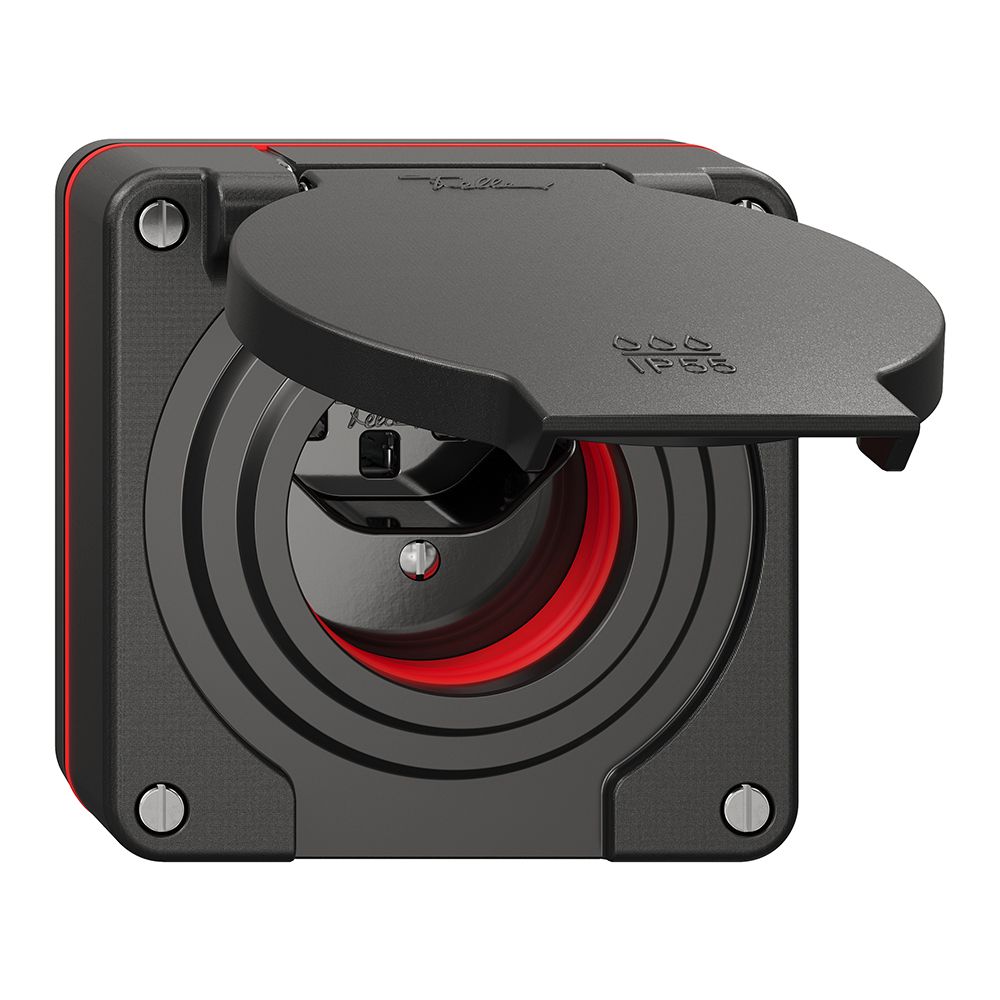 NUP-Steckdose NEVO, 1×T23, IP55 gemäss SN 441011, m.roter Dichtung, schwarz