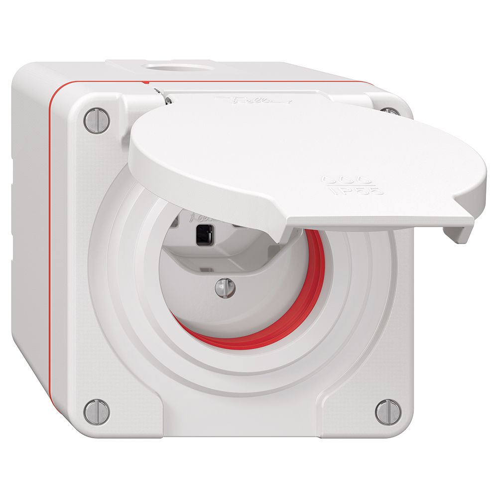 NAP-Steckdose NEVO, 1×T23, IP55 gemäss SN 441011, m.roter Dichtung, weiss