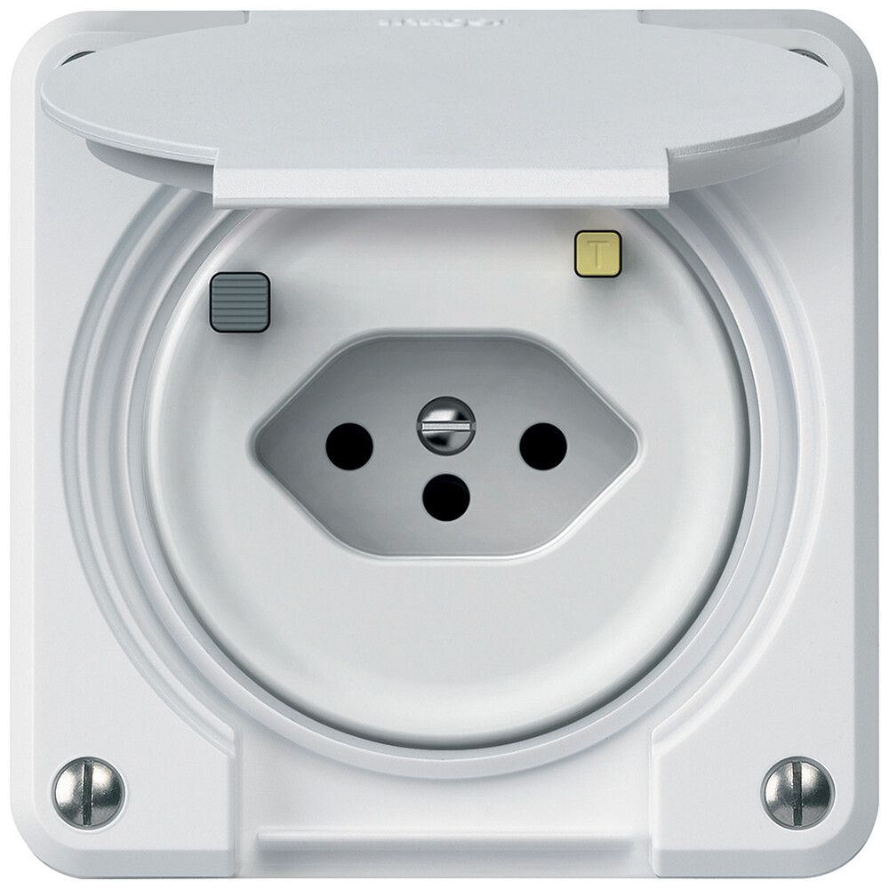 Prise FI robusto 1×T13 30mA 10A 250V 86×86mm IP21 blanc