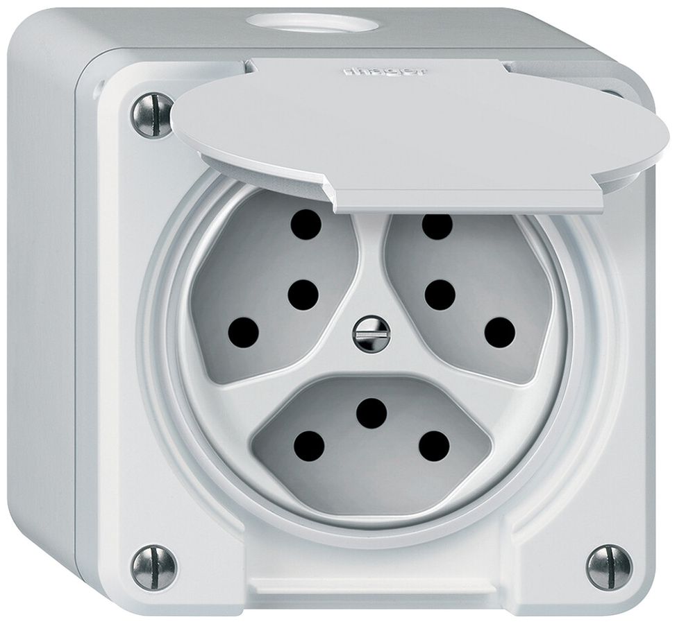 AP-Steckdose robusto 3×T13 10A 250V 86×86mm IP21 weiss