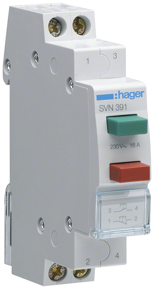 Poussoir INC Hager 16A 230V 1F 1 ouvreur 0 inverseur bouton rouge/vert 1UM