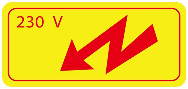 Warnaufkleber Blitz+230V 65×30mm selbstklebend gelb