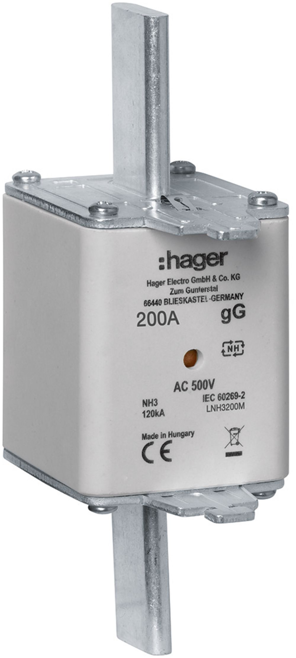 Fusible HPC Hager DIN3c 500VAC 200A gG/gL avertisseur double antirouille