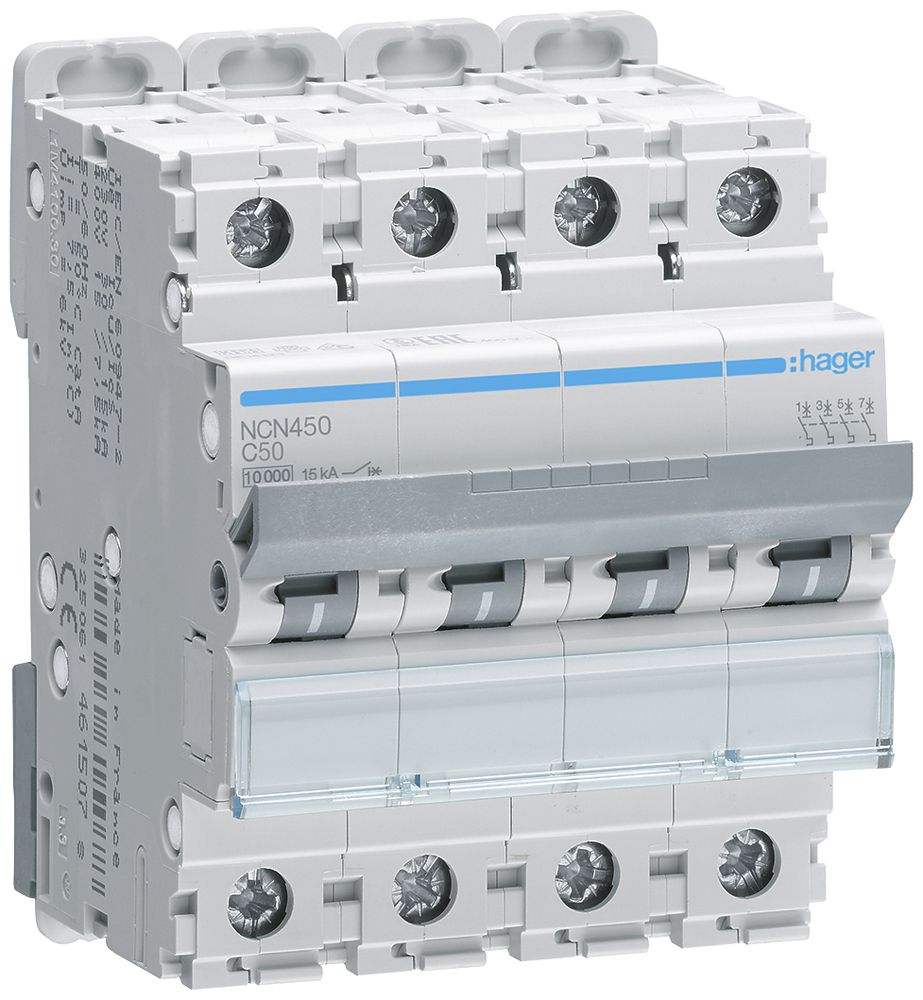 Leitungsschutzschalter Hager MCB 4P 415V Typ C 50A Icn 10kA Icu 15 kA 4TE
