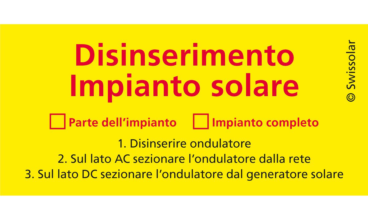 Warnaufkleber Swissolar "Ausschaltung Solaranlage" Italienisch