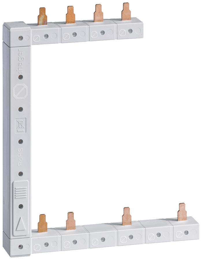 Kammschiene Hager 4P 3L Stift 10mm² 63A rechts L1L2L3N zu L1N-L2N-L3N weiss