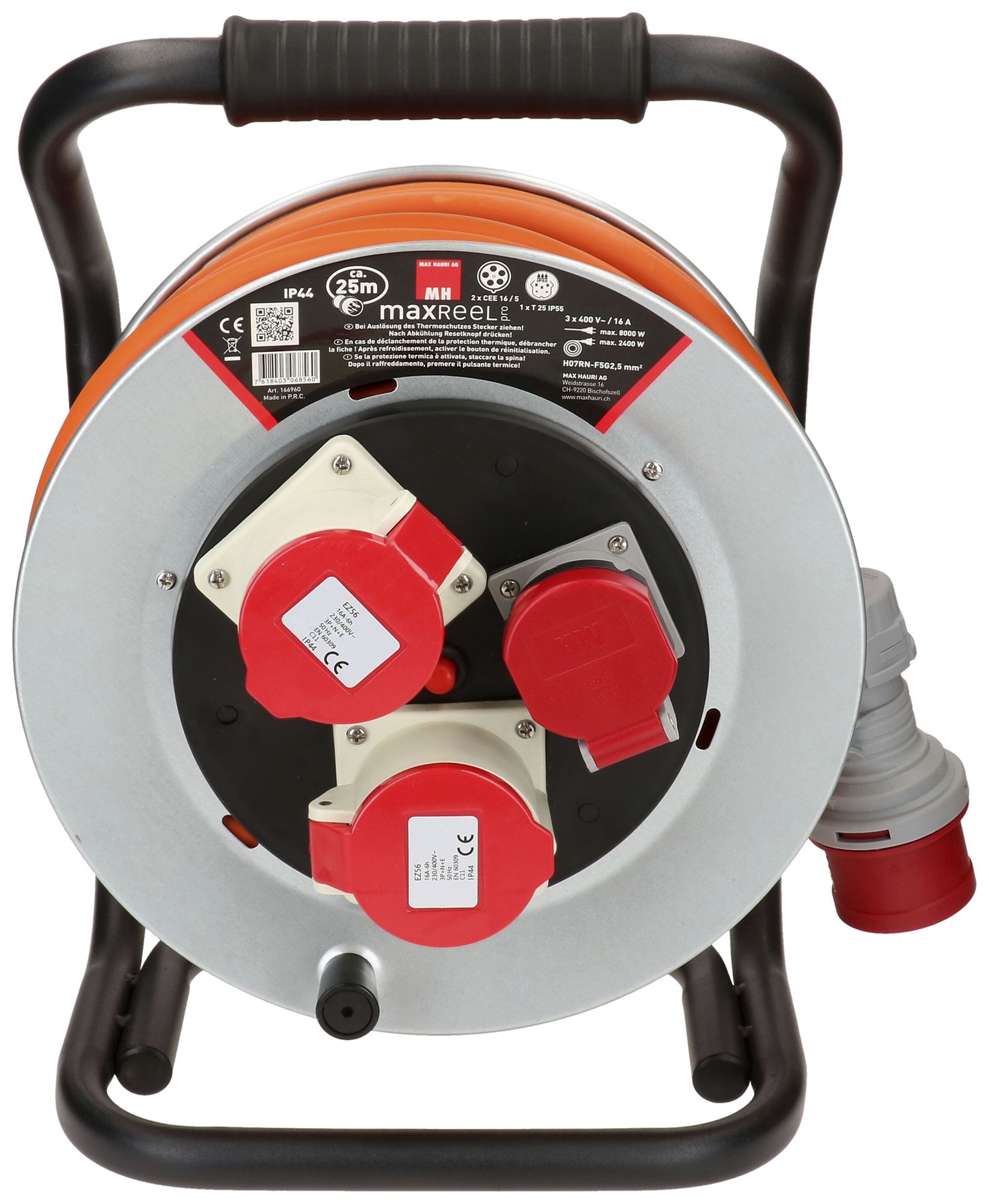 Enrouleur de câble MH maxReel acier 2×CEE16 1×T25 IP44 5×2.5mm² 25m IP44