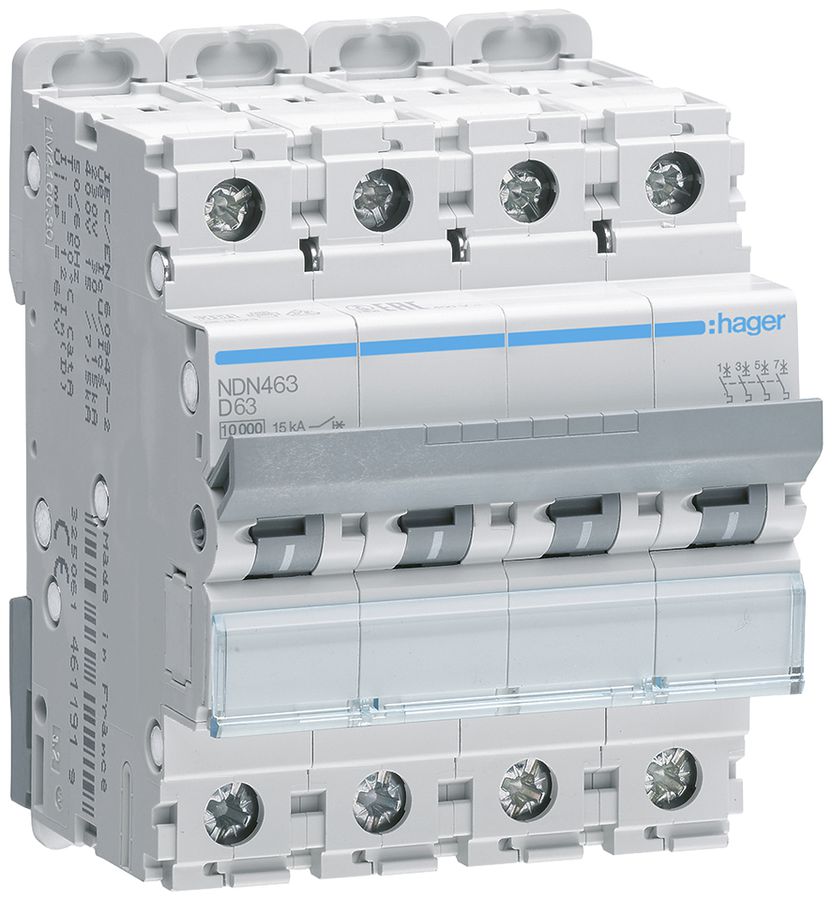 Leitungsschutzschalter Hager MCB 4P 415V Typ D 63A 4TE