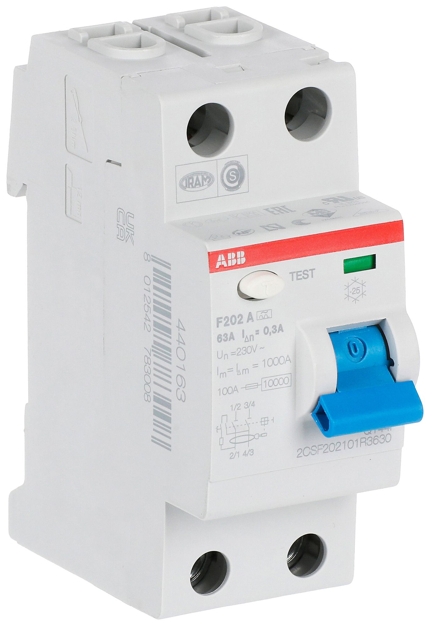 Fehlerstromschutzschalter ABB 300mA 63A 1P+N F202A-63/0.3