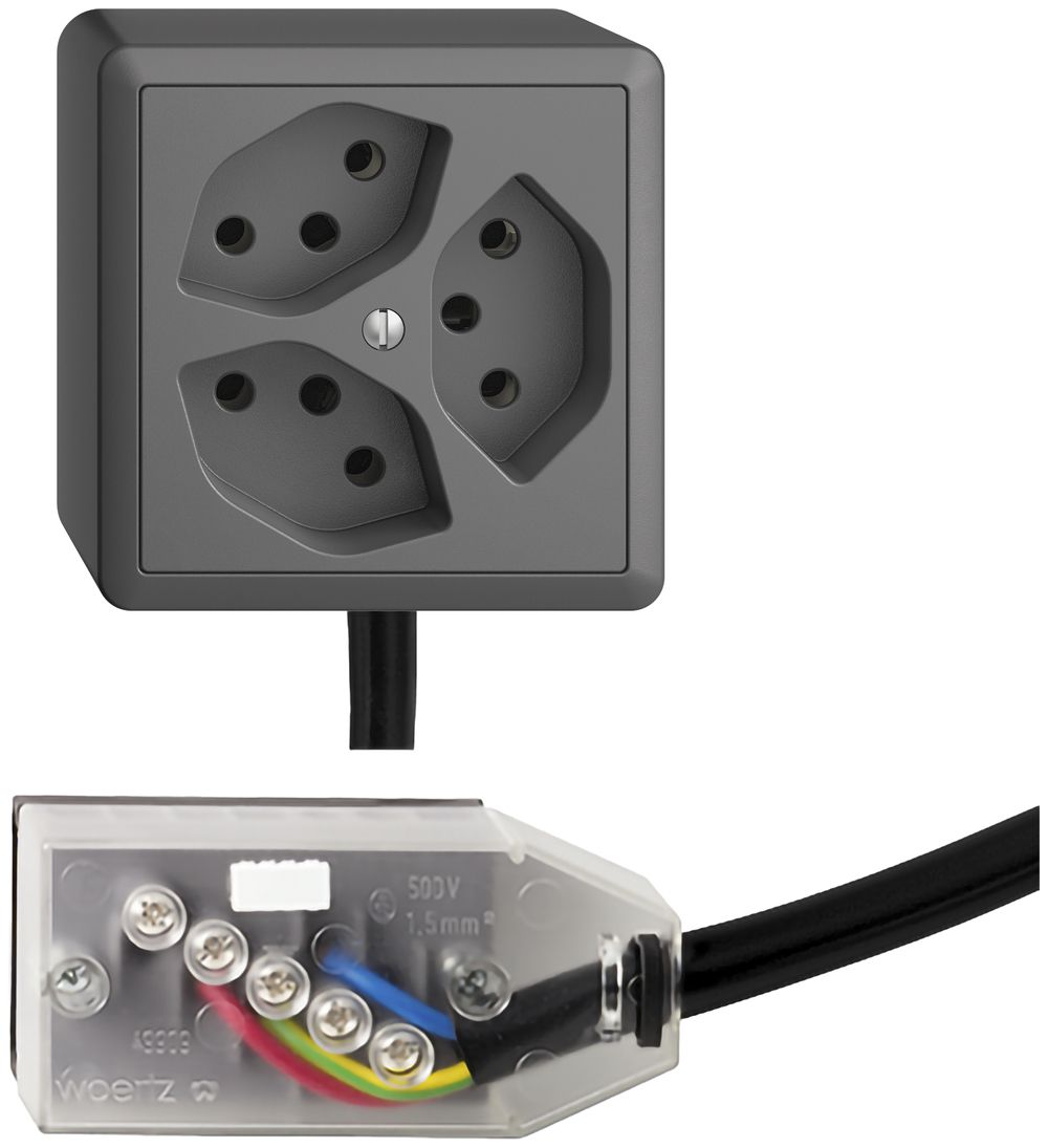 AP-Steckdose EDIZIOdue 3×T13 L3 Snap dunkelgrau für Flachkabel Technofil