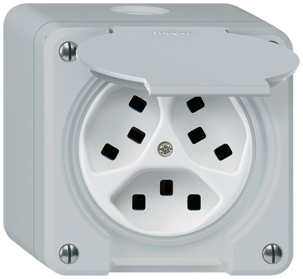 AP-Steckdose Hager robusto, 3×T23, mit Klappdeckel Q, grau