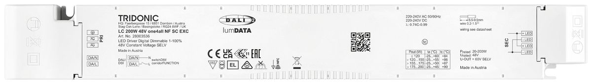 Alimentation LED Tridonic LC 20…200W OUT:48…60V 417…4167mA DALI 280×43×30mm