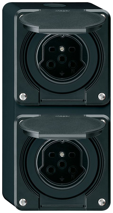 AP-Kombi 2×1 HA robusto 2×Typ 15 mit Steckklemmen mit Klappdeckel schwarz