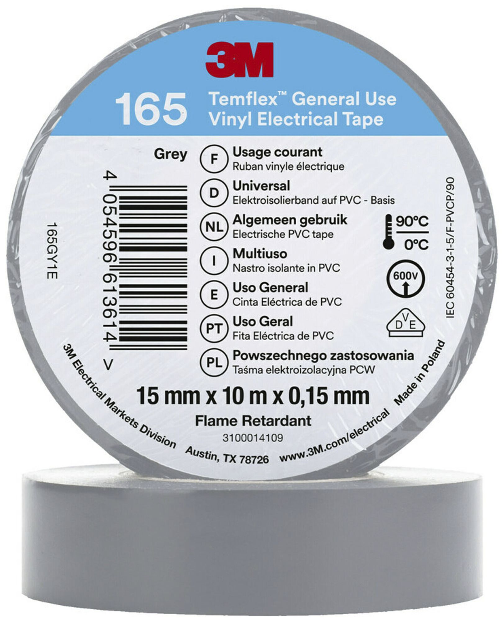 Ruban isolant 3M Temflex 165 15mm×10m×0.15mm gris VDE 600V 0…90°C
