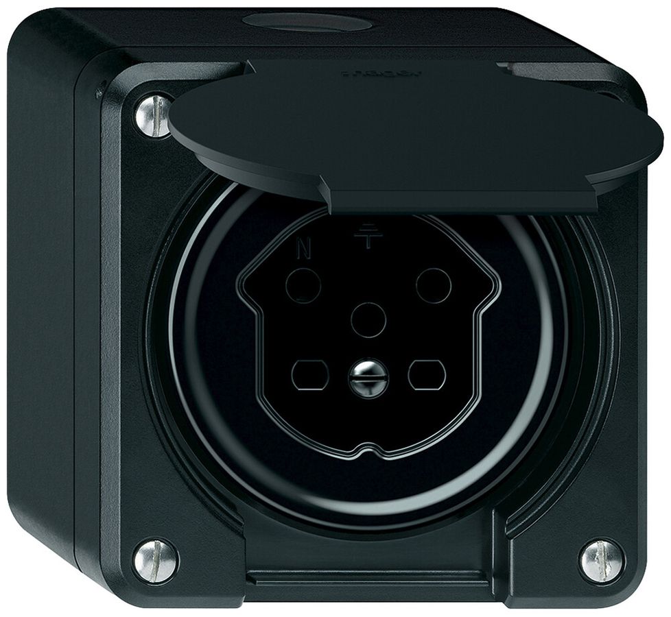 Presa AP robusto 1×T15 10A 400V 86×86mm IP21 nero