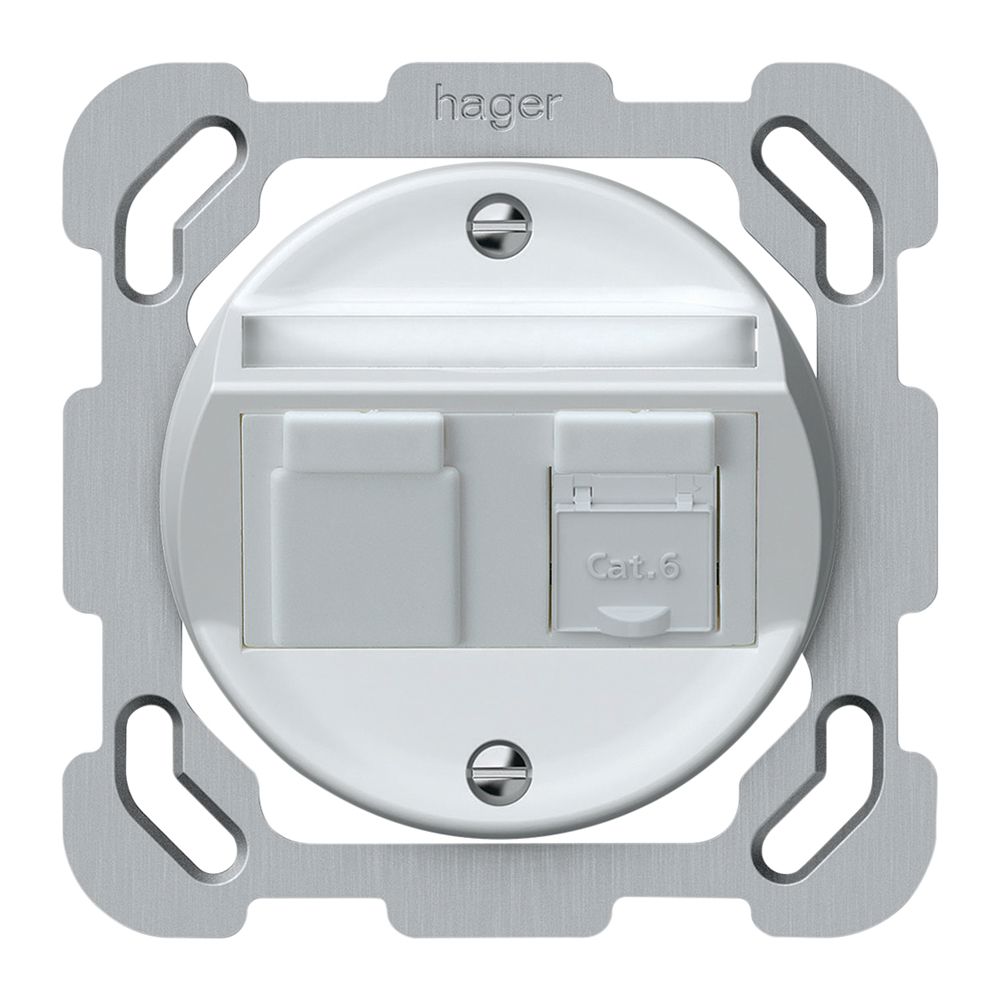 UP-Anschlussdose origin RJ45 8(8) Kat.6 schräg 77×77mm weiss