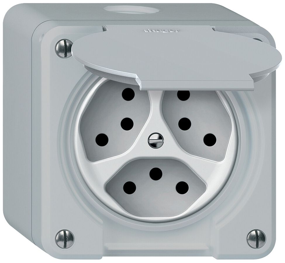 AP-Steckdose robusto 3×T13 10A 250V 86×86mm IP21 grau