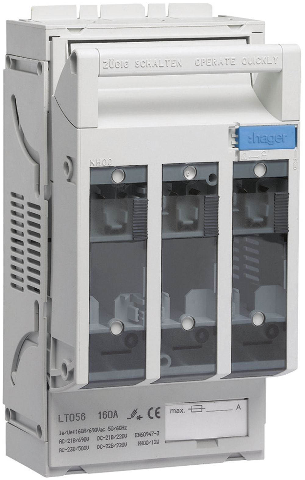 Coupe-circuit sectionneur HPC Hager DIN00 690VAC 160A rail 40mm raccord à vis M8