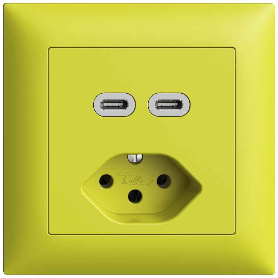 Prise ENC USB 2×type C + type 13 Feller EDIZIOdue FMI 230V 3000mA lemon