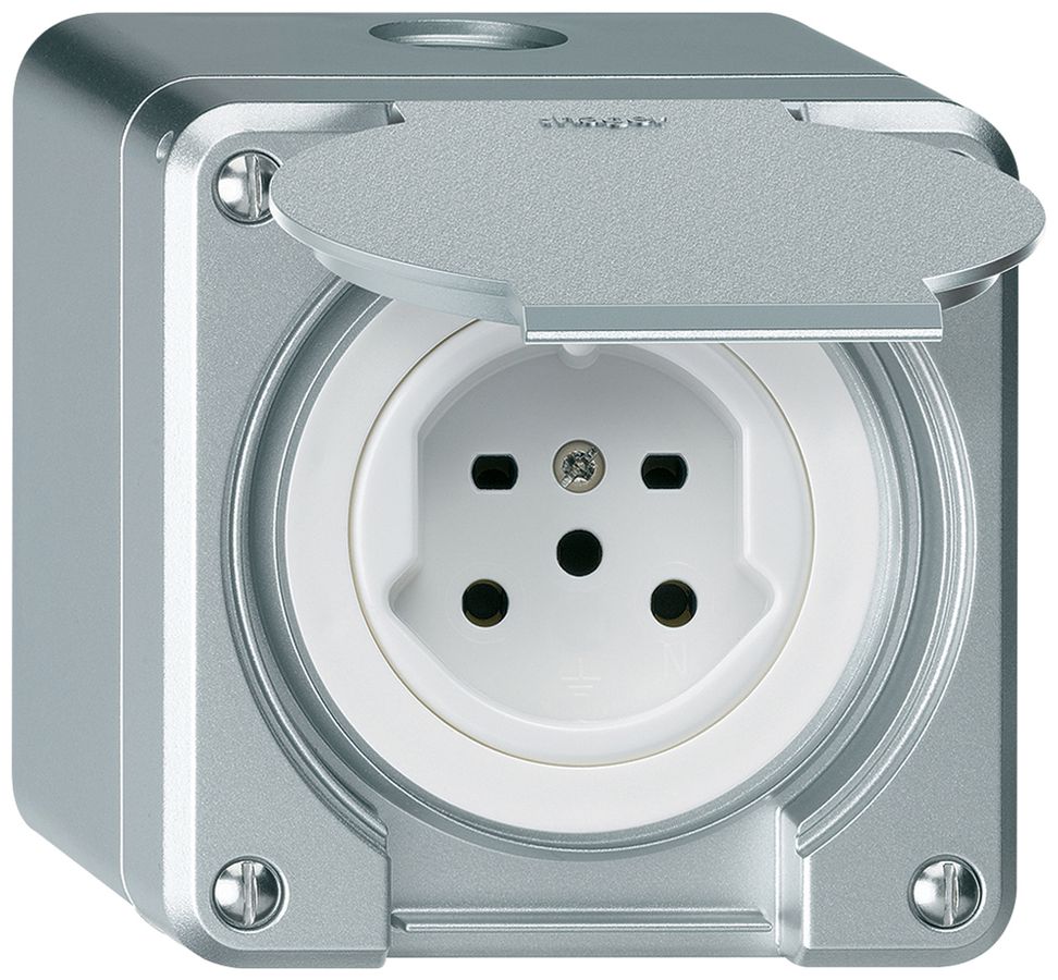 AP-Steckdose HA robusto Typ 15 mit Steckklemmen mit Klappdeckel aluminium