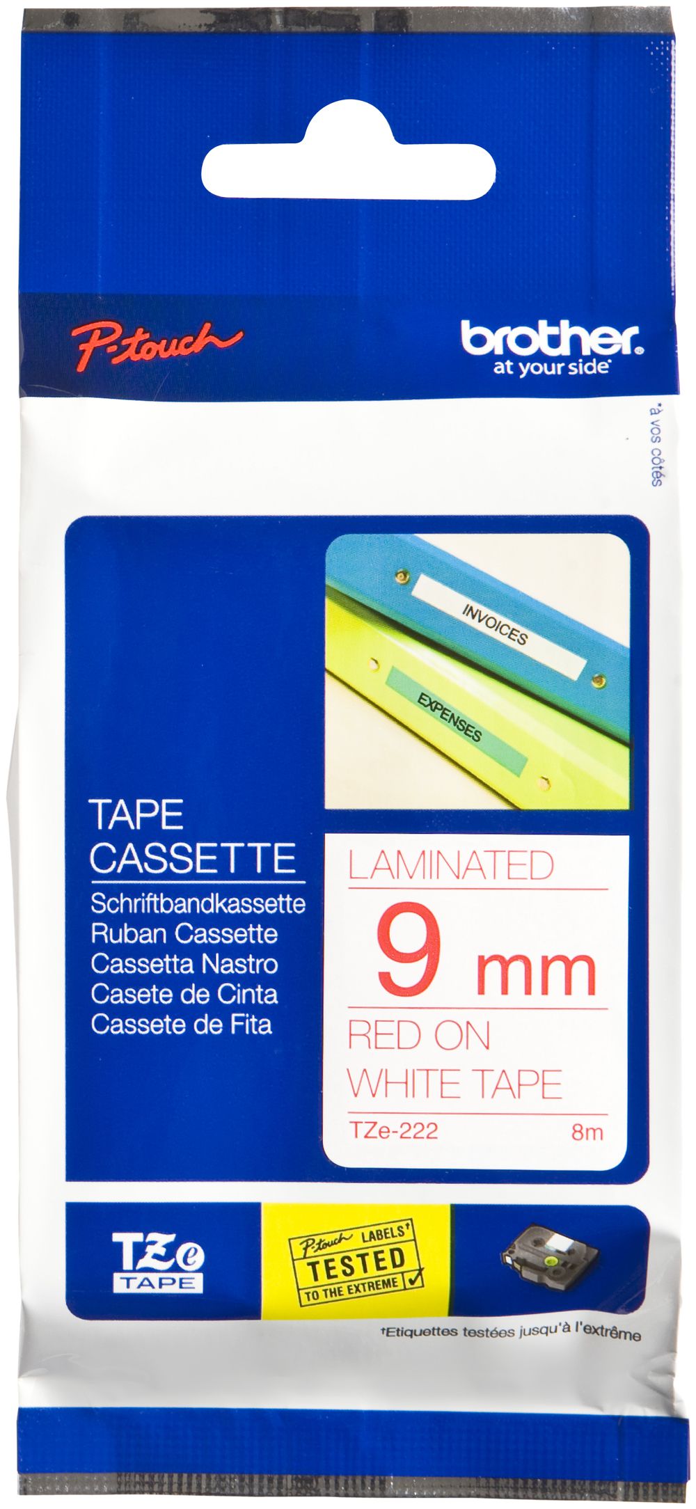 Cassette ruban Brother TZe-222 9mm×8m, blanc/rouge