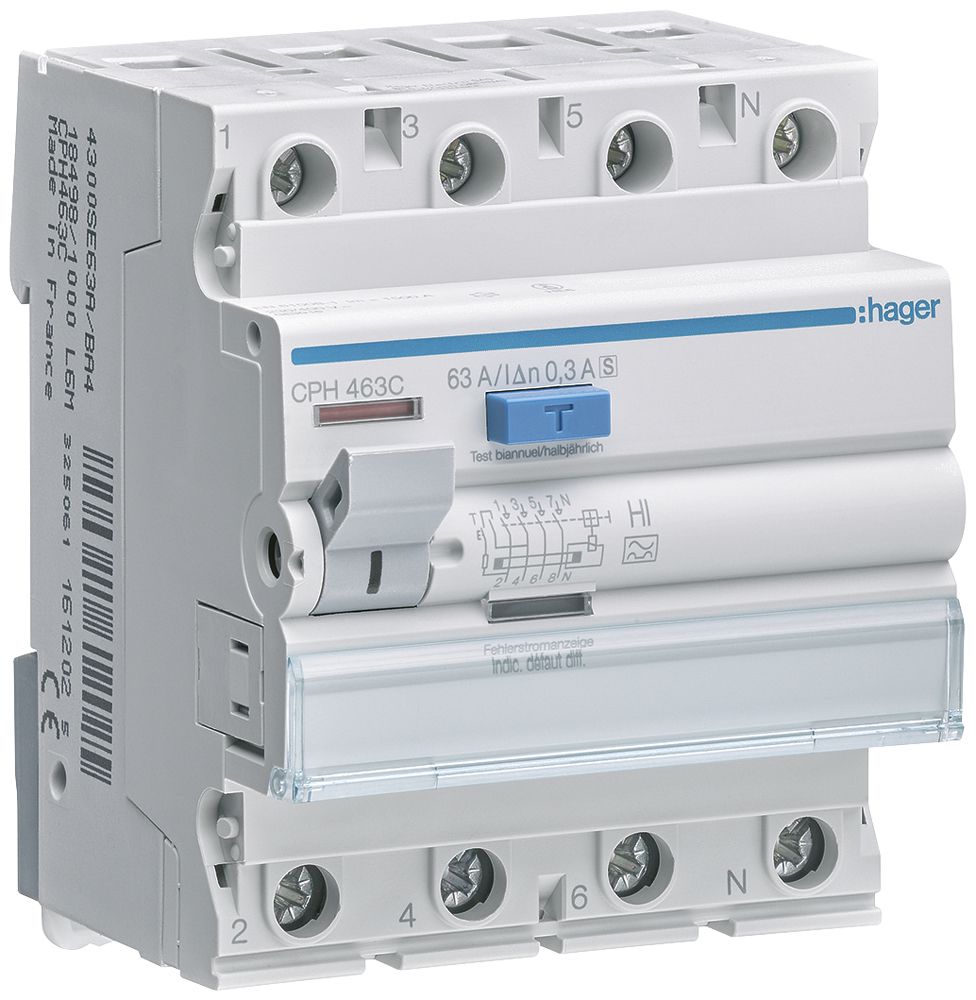 Fehlerstrom-Schutzschalter Hager RCCB (RCD) 4P 400V 0.3A Typ A 63A 6kA 4TE