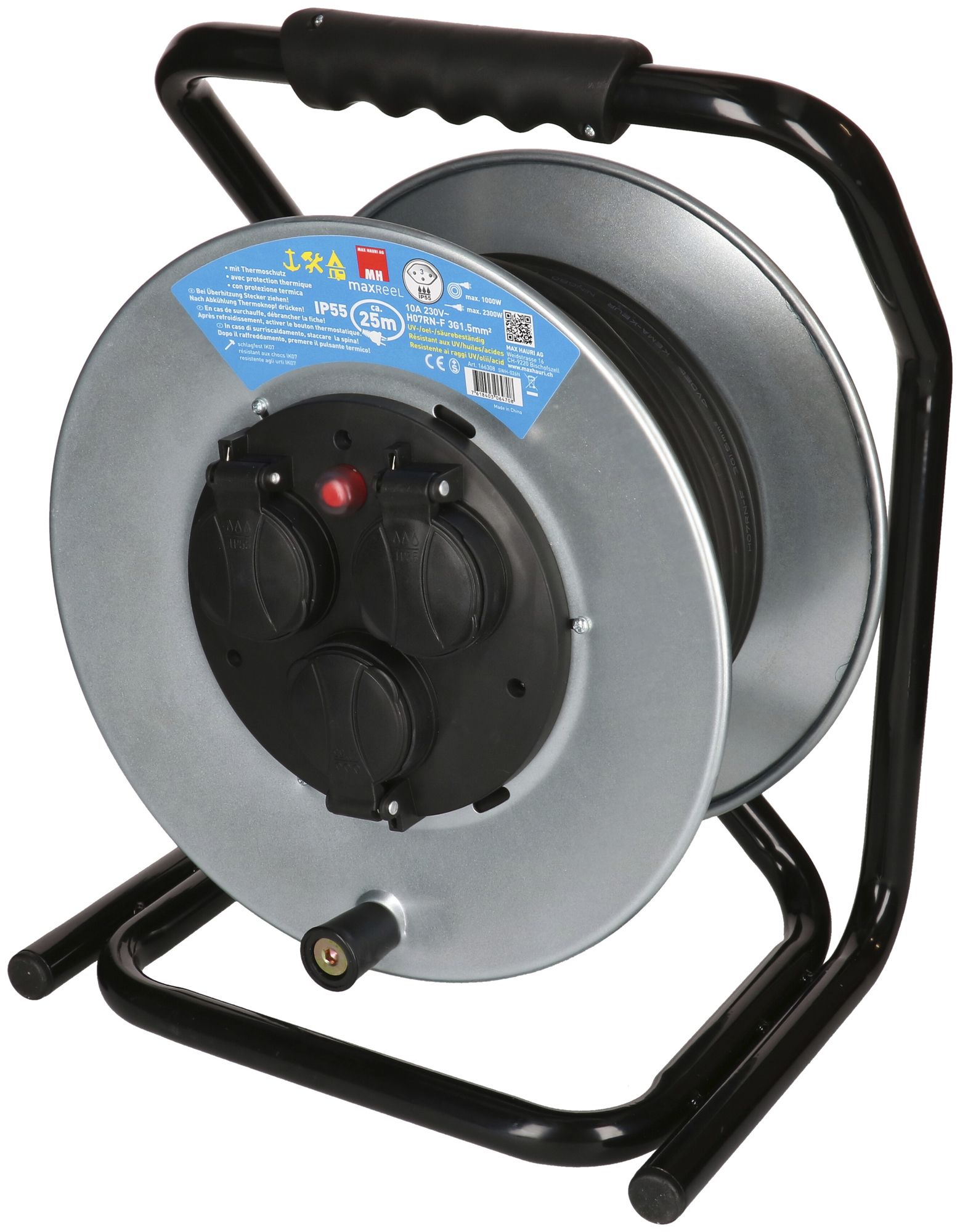 Kabelrolle MAX HAURI Stahl 230V 10A 3×T13 25m 3×1.5mm² IP55 silber
