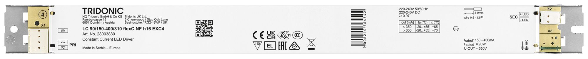 Alimentation LED Tridonic LC NFC EXC4 46.5…90W 100…310V 150…400mA 360×30×16mm