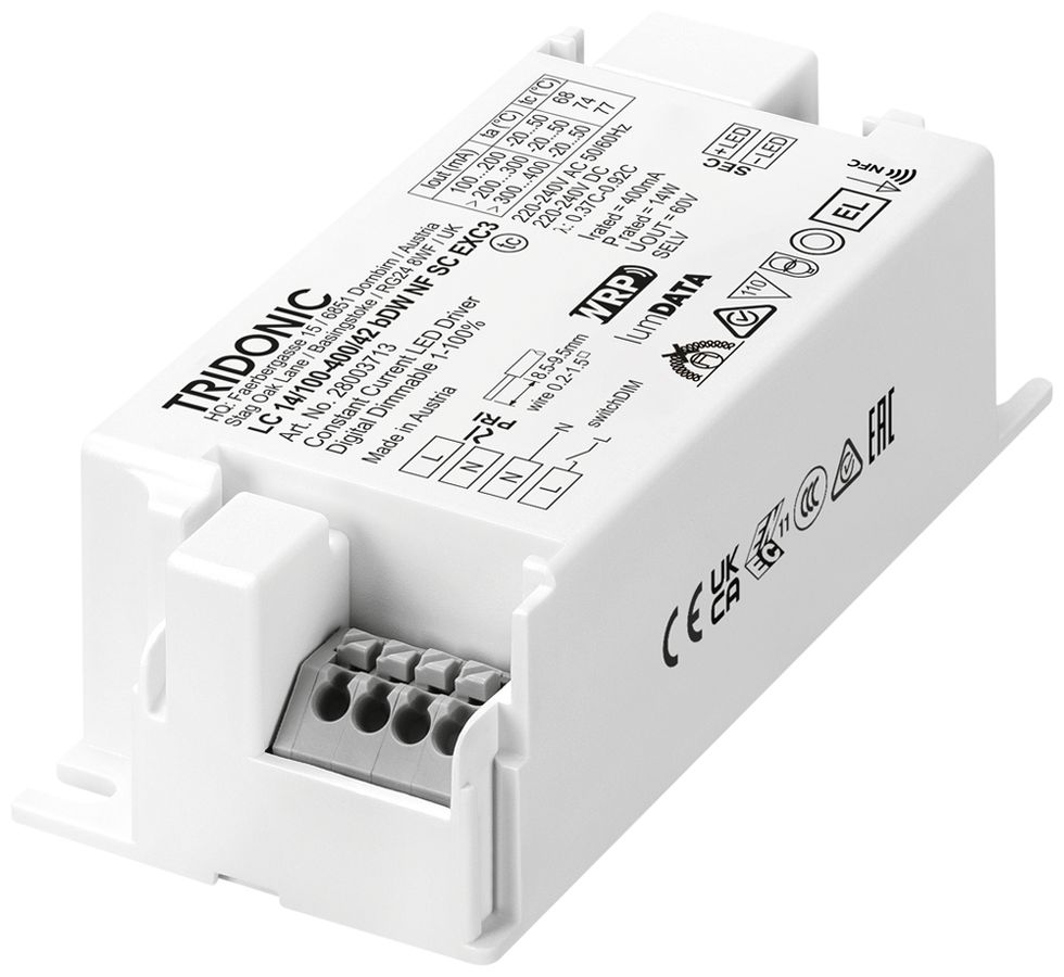 Alimentation LED Tridonic LC NFC EXC3 4.2…14W 7.5…42V 100…400mA VAR 97×43×30mm
