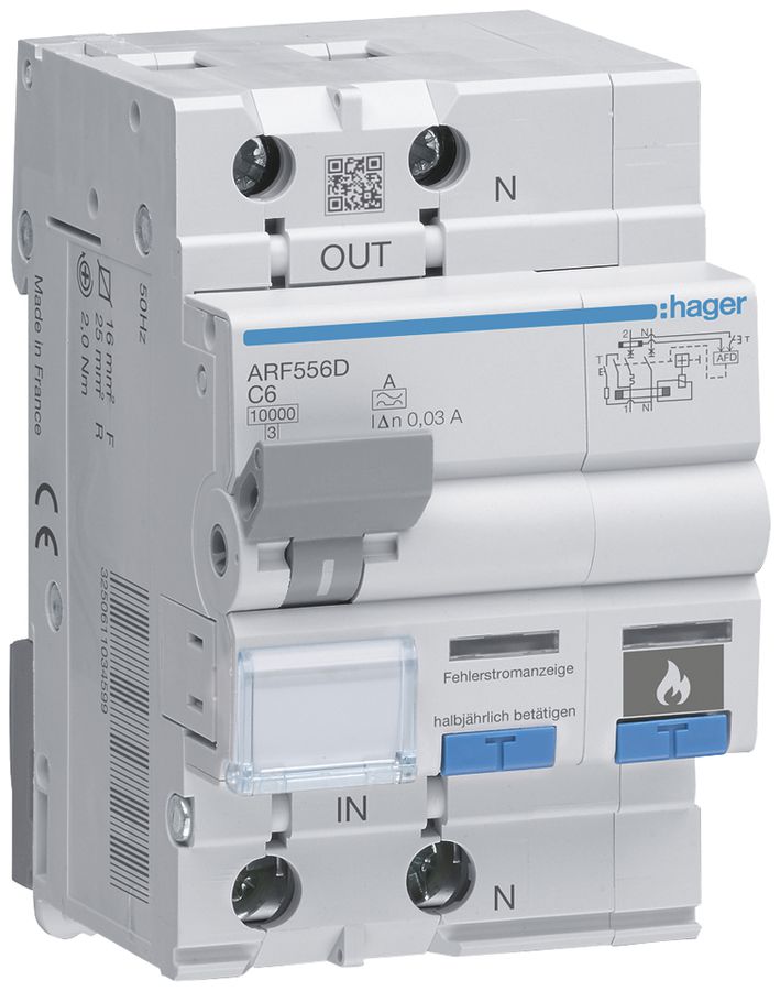 Brandschutzschalter Hager AFDD+FI/LS-Schalter, 1P+N 10kA C6A 30mA Typ A