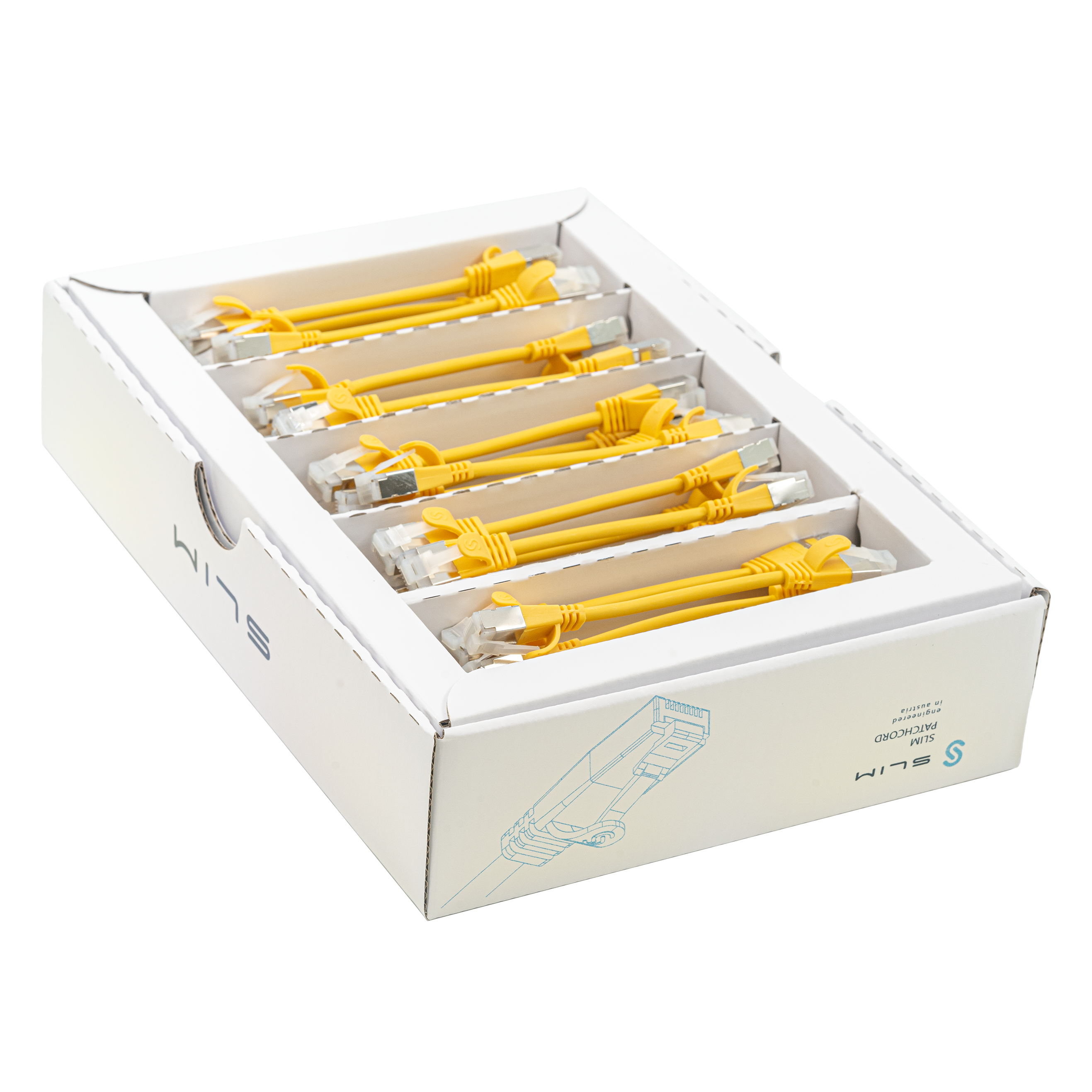 Cavo patch SLIM: 10cm, giallo, 50 pezzi Cat.6A, U/FTP, jack non infrangibile
