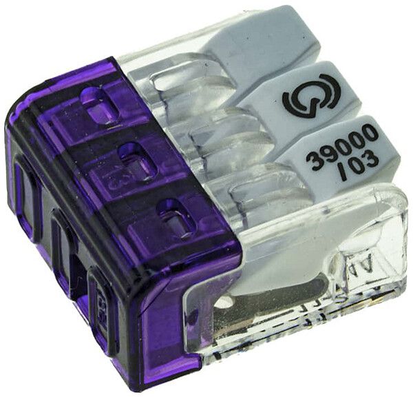 Morsetto di connessione Woertz 3P 0.2…2.5mm² leve di azionamento viola traspare.
