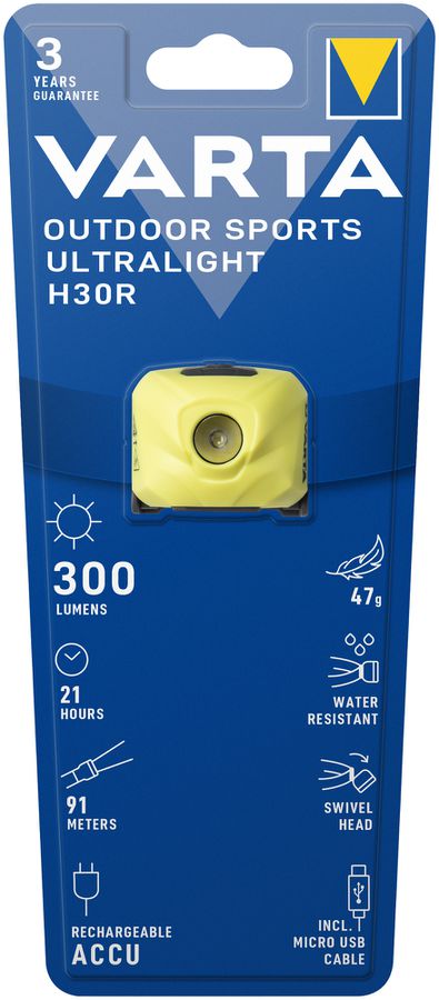 Lampe frontale LED VARTA Outdoor Sports Ultralight H30R 300lm, accu Li, jaune