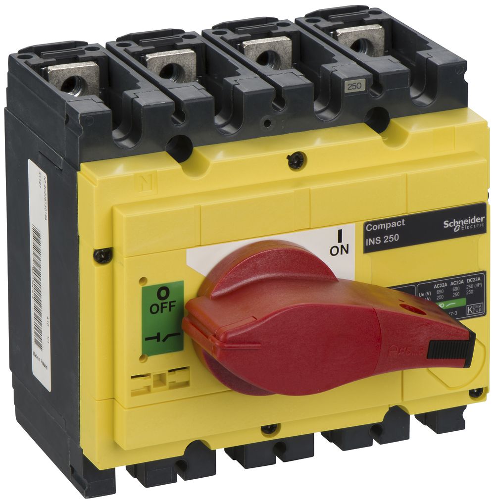 Interupteur de charge Schneider INS 4L 250A avec poignée rotative rouge/jaune