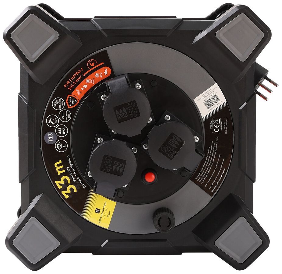 Avvolgicavo Schönenberger spina:T13 presa:3×T13 33m IP55 nero