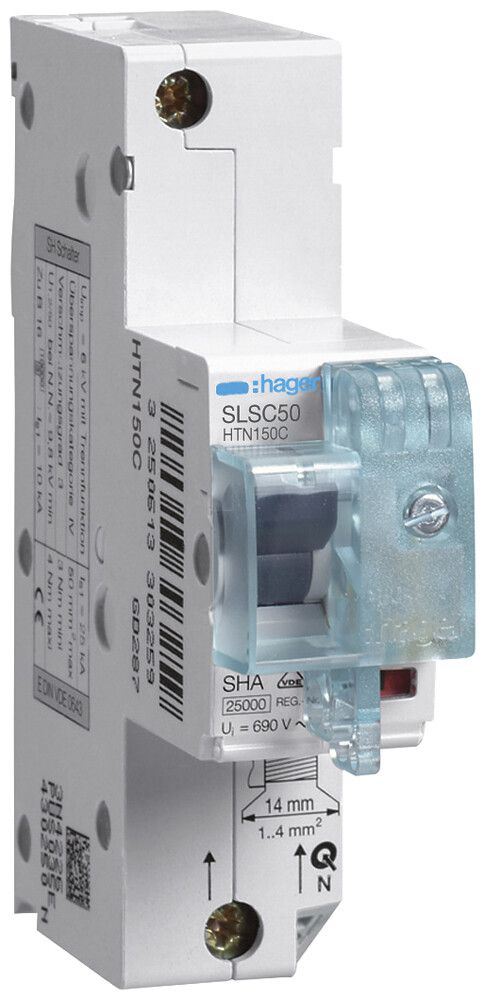 Disjoncteur Hager MCB 1P 230V caractéristique au déclenchement Cs 50A 25kA 2UM