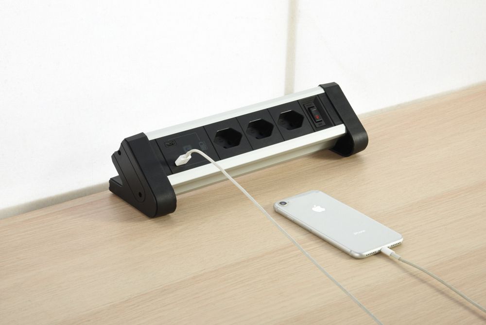 Prise multiple de table 3×T13/1×USB-A/1×USB-C 3m T12 noir/aluminium