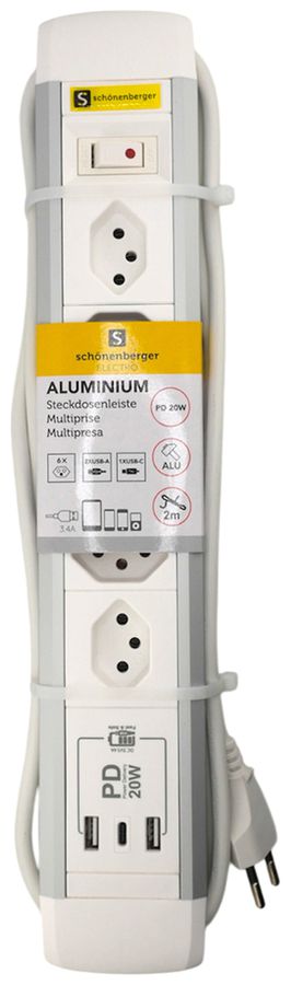 Prise multiple M. Schönenberger 10A interrupteur EN/HORS 6×T13 3×USB 2m bc/al
