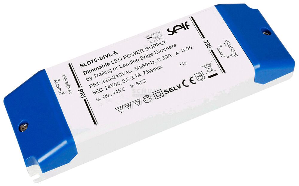Bloc d'alimentation DOTLUX, p.bandes LED, 75W, 24VDC, 0.5…3.1A, 124×82×23mm IP20