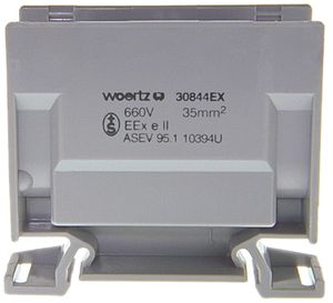 Morsetto di derivazione Woertz Ex 16…35mm² 125A 750V vite 2×1 guida DIN 35mm gr