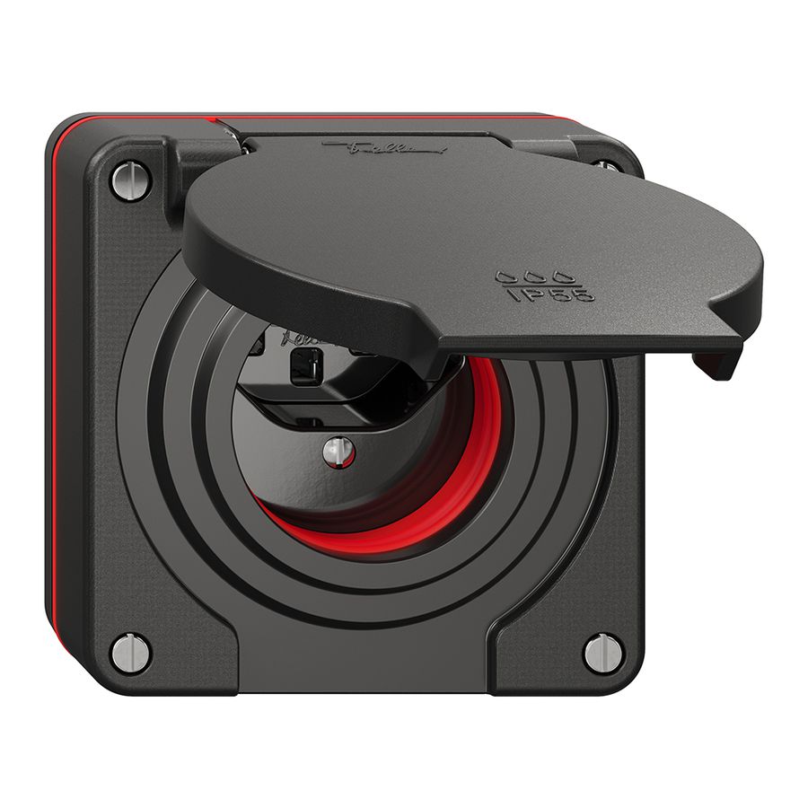 NUP-Steckdose NEVO, 1×T23, IP55 gemäss SN 441011, m.roter Dichtung, schwarz