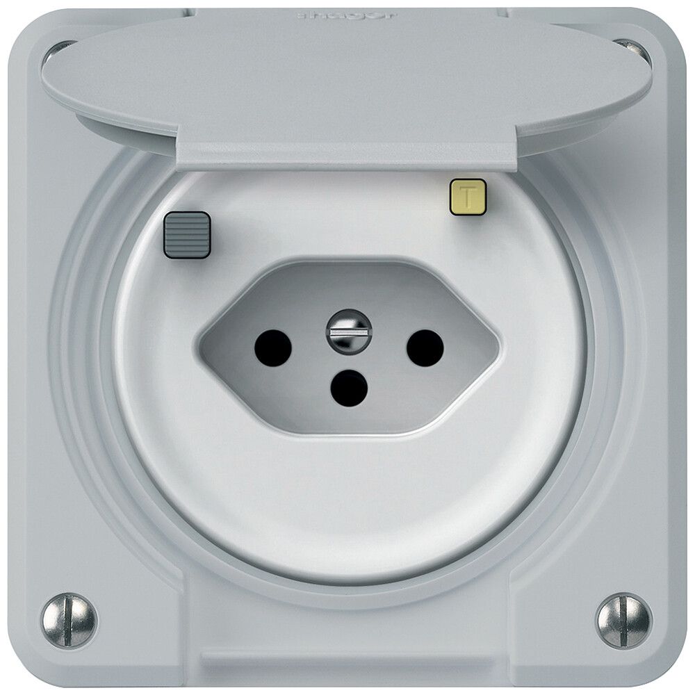 Prise FI robusto 1×T13 30mA 10A 250V 86×86mm IP21 gris