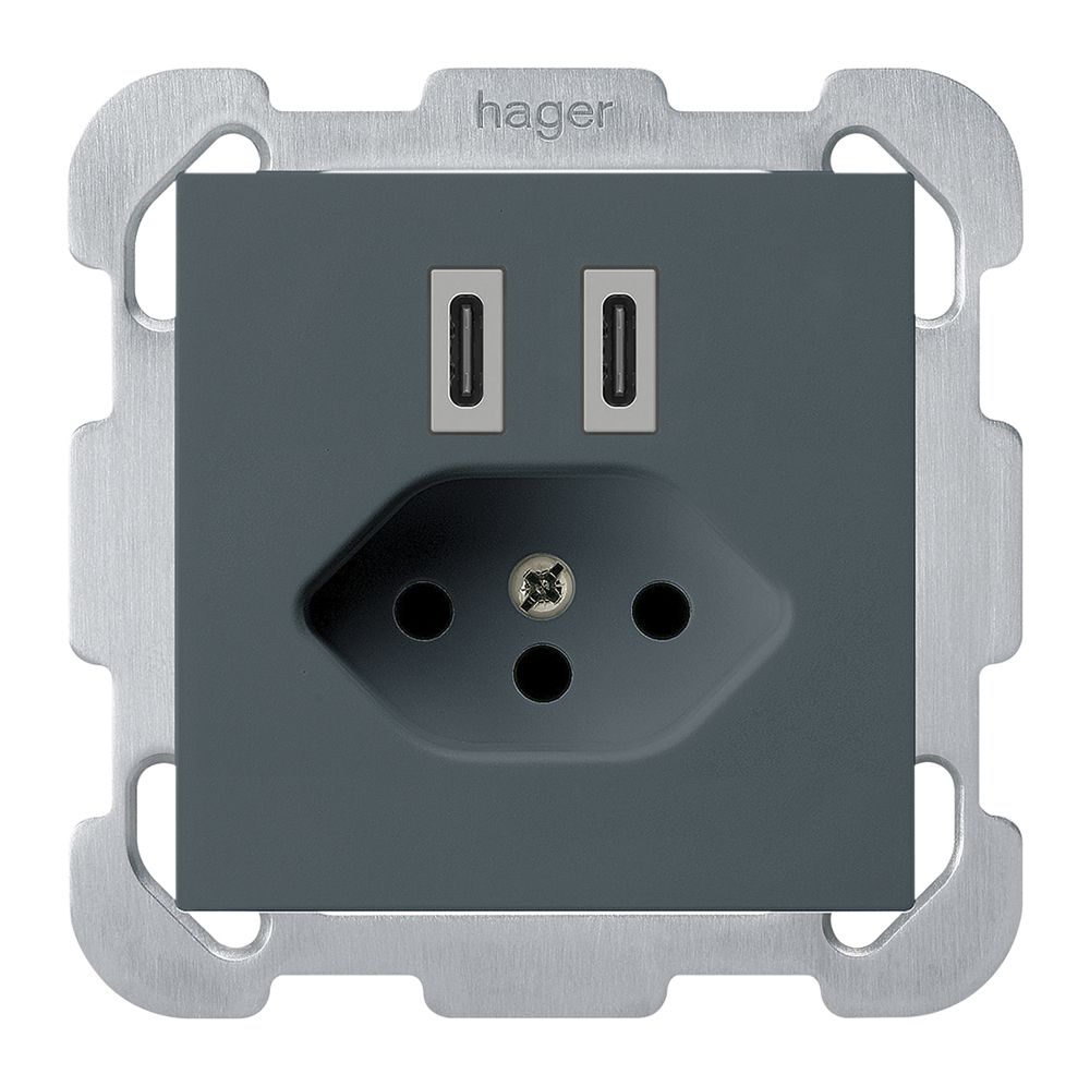UP-USB-Ladesteckdose Hager kallysto C-C 20W+T13 5V 77×77mm anthrazit