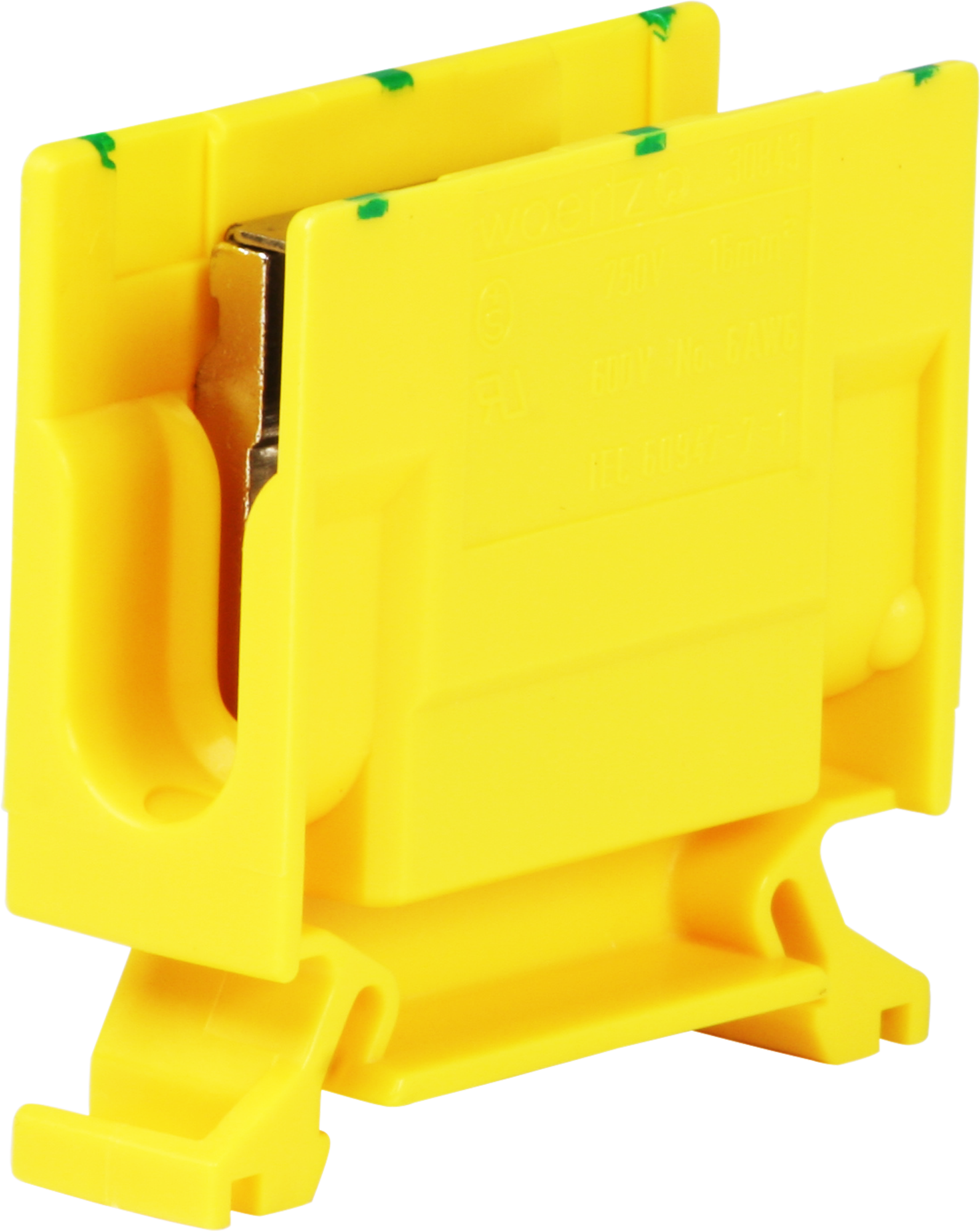 Abzweigklemme Woertz 6…16mm² 76A 750V Schraubanschluss 2×1 TH35 grün/gelb