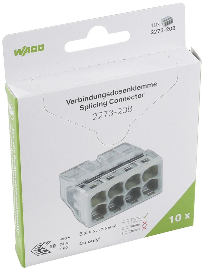 Borne de connexion WAGO 2273-208 en blister 10 pièces 8L 0.5…2.5mm² 24A 450V